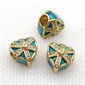 copper Christmas Heart Gift beads with teal enamel, large hole, gold plated, approx 11mm, 4mm hole [FN26259]