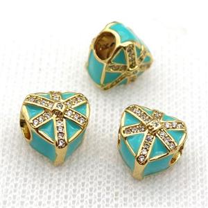 copper Christmas Heart Gift beads with teal enamel, large hole, gold plated, approx 11mm, 4mm hole [FN26260]
