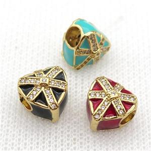 copper Christmas Heart Gift Box beads with enamel, large hole, gold plated, mixed, approx 11mm, 4mm hole [FN26261]