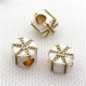 copper Christmas Candy Gift Box beads with white enamel, large hole, gold plated, approx 10mm, 4mm hole [FN26262]
