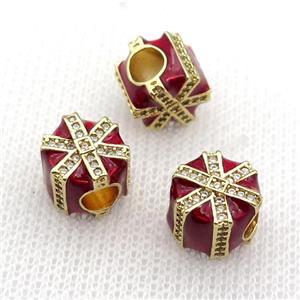 copper Christmas Candy Gift Box beads with red enamel, large hole, gold plated, approx 10mm, 4mm hole [FN26264]