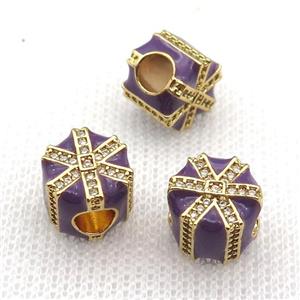 copper Christmas Candy Gift Box beads with purple enamel, large hole, gold plated, approx 10mm, 4mm hole [FN26265]