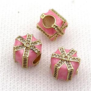copper Christmas Candy Gift Box beads with pink enamel, large hole, gold plated, approx 10mm, 4mm hole [FN26266]
