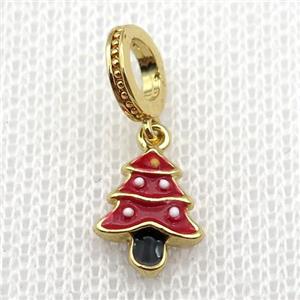 copper Christmas Tree pendant with red enamel, large hole, gold plated, approx 8-10mm, 8mm, 5mm hole [FN26272]