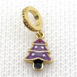 copper Christmas Tree pendant with purple enamel, large hole, gold plated, approx 8-10mm, 8mm, 5mm hole [FN26273]
