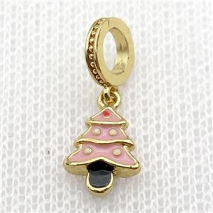 copper Christmas Tree pendant with pink enamel, large hole, gold plated, approx 8-10mm, 8mm, 5mm hole [FN26275]
