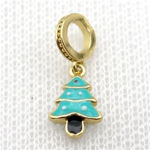 copper Christmas Tree pendant with teal enamel, large hole, gold plated, approx 8-10mm, 8mm, 5mm hole [FN26276]
