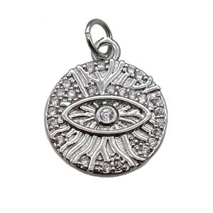 copper Circle pendant paved zircon, eye, platinum plated, approx 15mm dia [FN26292]
