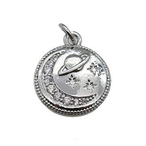 copper Circle pendant paved zircon, moon, platinum plated, approx 15mm dia [FN26295]