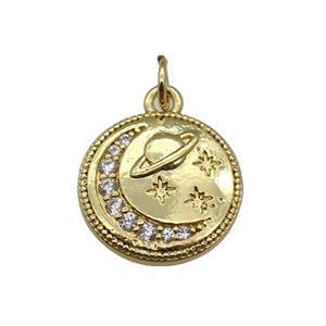 copper Circle pendant paved zircon, moon, gold plated, approx 15mm dia [FN26296]