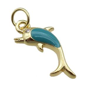 copper Dolphin pendant with teal enamel, gold plated, approx 6-16mm [FN26326]