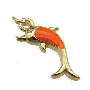 copper Dolphin pendant with orange enamel, gold plated, approx 6-16mm [FN26328]