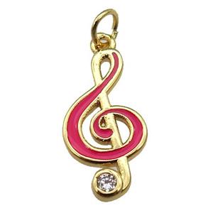 copper Treble Clef Musical Note pendant with hotpink enamel, gold plated, approx 9-19mm [FN26346]