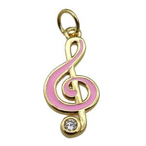 copper Treble Clef Musical Note pendant with pink enamel, gold plated, approx 9-19mm [FN26347]