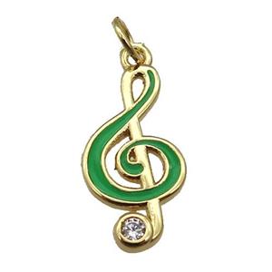 copper Treble Clef Musical Note pendant with green enamel, gold plated, approx 9-19mm [FN26348]