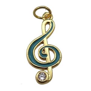 copper Treble Clef Musical Note pendant with teal enamel, gold plated, approx 9-19mm [FN26352]