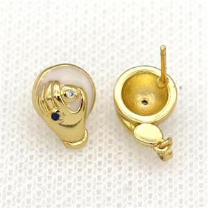 copper hand Stud Earring with white enamel, gold plated, approx 8-13mm [FN26357]