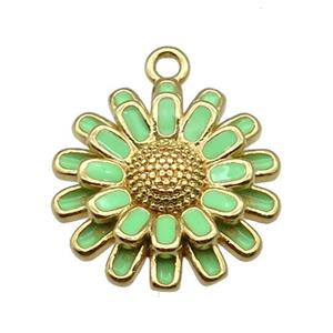 copper Sunflower pendant with green enamel, gold plated, approx 17mm dia [FN26396]