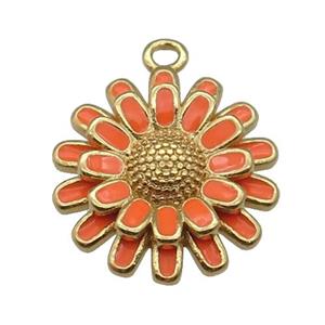 copper Sunflower pendant with orange enamel, gold plated, approx 17mm dia [FN26397]