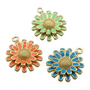 copper Sunflower pendant with enamel, gold plated, mixed, approx 17mm dia [FN26399]