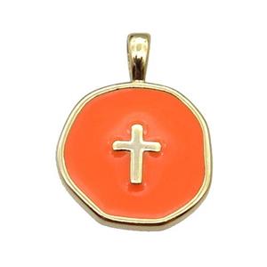 copper Circle pendant with orange enamel, cross, gold plated, approx 14mm [FN26410]