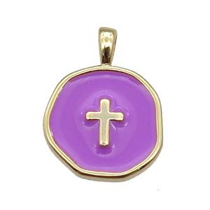 copper Circle pendant with purple enamel, cross, gold plated, approx 14mm [FN26411]