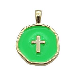 copper Circle pendant with green enamel, cross, gold plated, approx 14mm [FN26412]