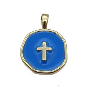 copper Circle pendant with blue enamel, cross, gold plated, approx 14mm [FN26413]