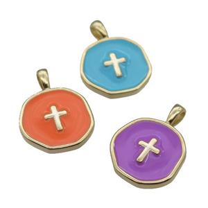 copper Circle pendant with enamel, cross, gold plated, mixed, approx 14mm [FN26415]