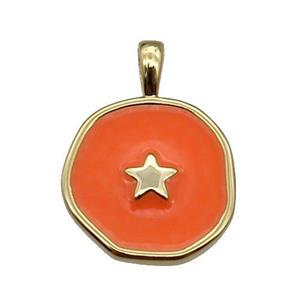 copper Circle pendant with orange enamel, star, gold plated, approx 14mm [FN26416]