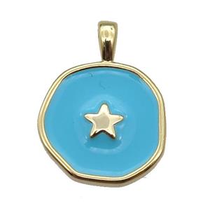 copper Circle pendant with teal enamel, star, gold plated, approx 14mm [FN26419]