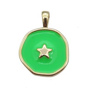 copper Circle pendant with green enamel, star, gold plated, approx 14mm [FN26420]
