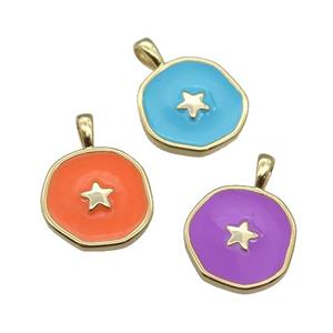 copper Circle pendant with enamel, star, gold plated, mixed, approx 14mm [FN26421]