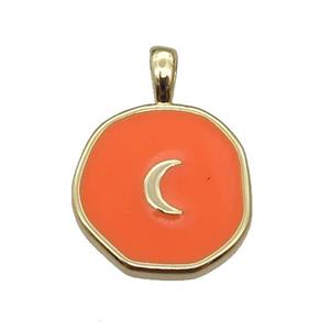 copper Circle pendant with orange enamel, moon, gold plated, approx 14mm [FN26422]