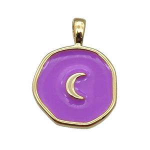 copper Circle pendant with purple enamel, moon, gold plated, approx 14mm [FN26423]