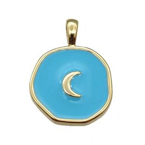 copper Circle pendant with teal enamel, moon, gold plated, approx 14mm [FN26425]