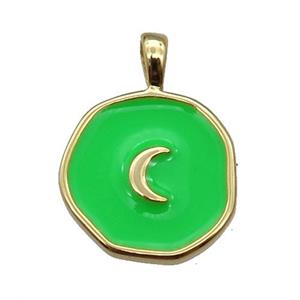copper Circle pendant with green enamel, moon, gold plated, approx 14mm [FN26426]