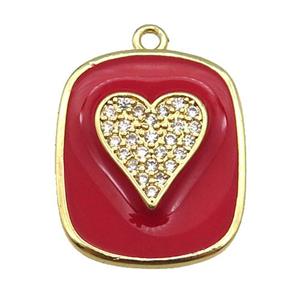 copper Rectangle paved zircon with red enamel, heart, gold plated, approx 17-20mm [FN26428]