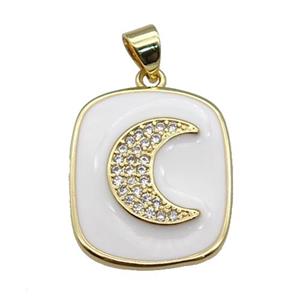 copper Rectangle paved zircon with white enamel, moon, gold plated, approx 17-20mm [FN26442]