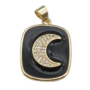 copper Rectangle paved zircon with black enamel, moon, gold plated, approx 17-20mm [FN26443]