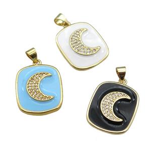 copper Rectangle paved zircon with enamel, moon, gold plated, mixed, approx 17-20mm [FN26445]