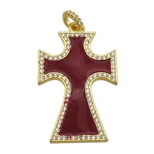 copper Cross pendant paved zircon with red enamel, gold plated, approx 22-33mm [FN26447]