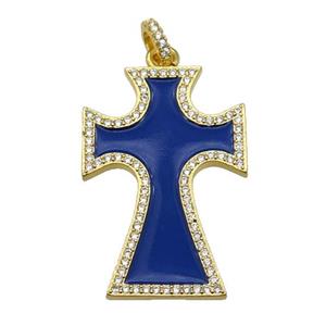 copper Cross pendant paved zircon with blue enamel, gold plated, approx 22-33mm [FN26448]
