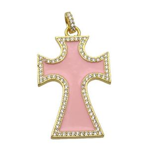 copper Cross pendant paved zircon with pink enamel, gold plated, approx 22-33mm [FN26449]