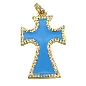 copper Cross pendant paved zircon with lt.blue enamel, gold plated, approx 22-33mm [FN26450]