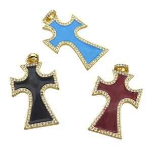 copper Cross pendant paved zircon with enamel, gold plated, mixed, approx 22-33mm [FN26451]