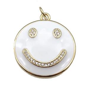 copper Emoji pendant paved zircon with white enamel, happiness face, gold plated, approx 25mm dia [FN26452]