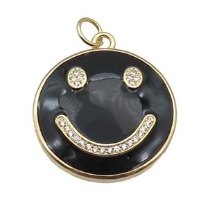 copper Emoji pendant paved zircon with black enamel, happiness face, gold plated, approx 25mm dia [FN26453]