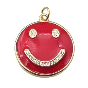 copper Emoji pendant paved zircon with red enamel, happiness face, gold plated, approx 25mm dia [FN26454]