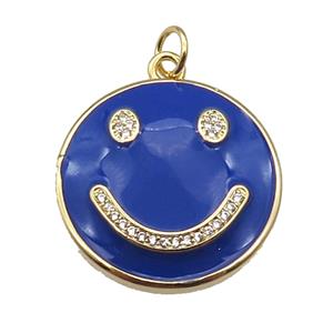copper Emoji pendant paved zircon with blue enamel, happiness face, gold plated, approx 25mm dia [FN26455]